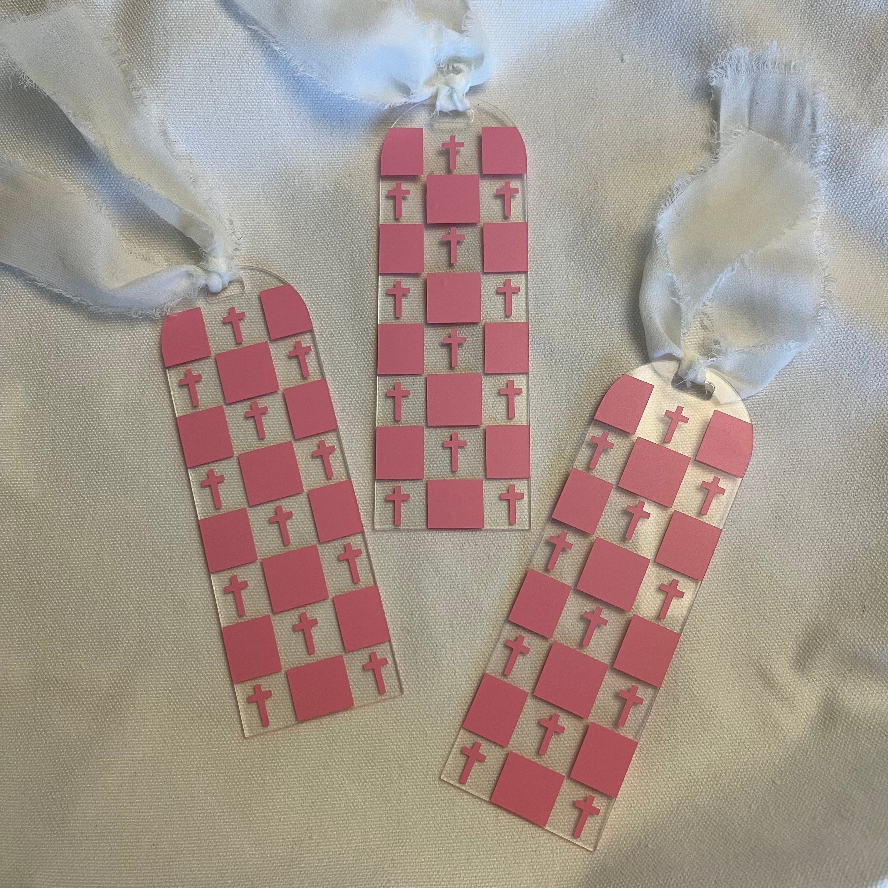 Pink Checkered Cross Acrylic Bookmarks
