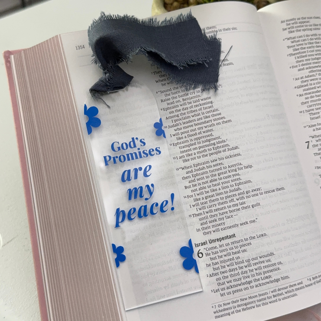 Acrylic Faith Bookmark: "God's Promises Are My Peace" with Denim Ribbon