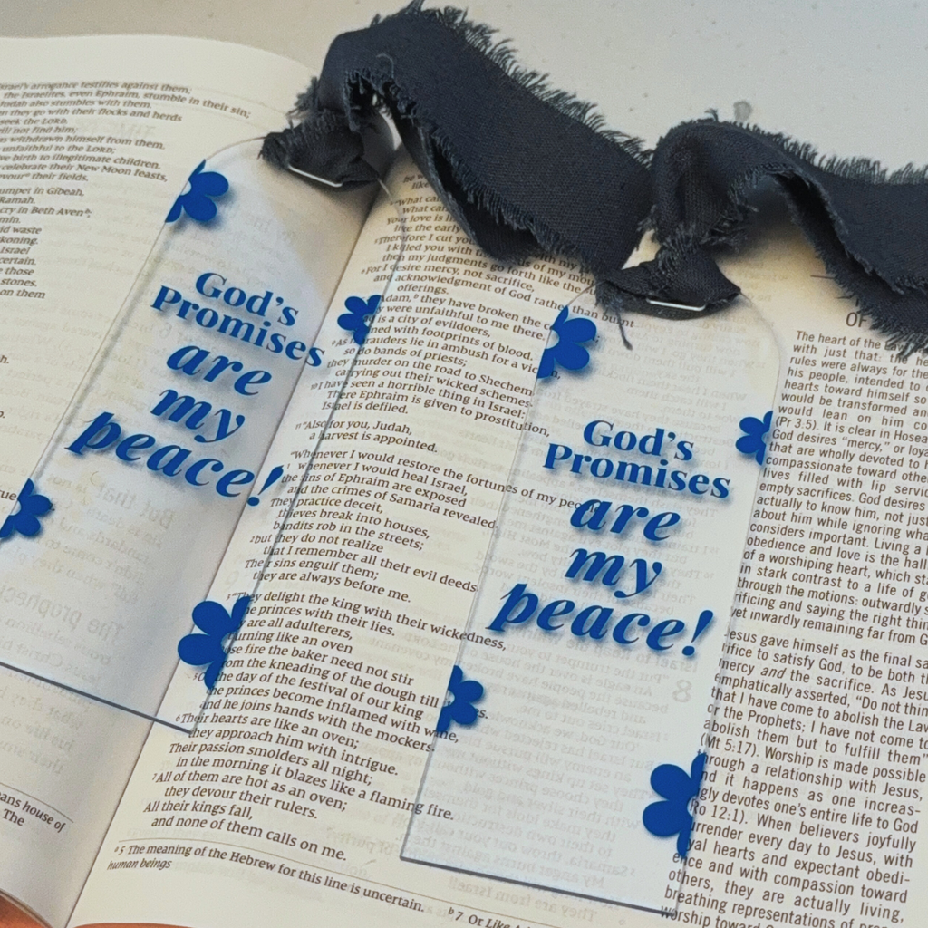 Acrylic Faith Bookmark: "God's Promises Are My Peace" with Denim Ribbon