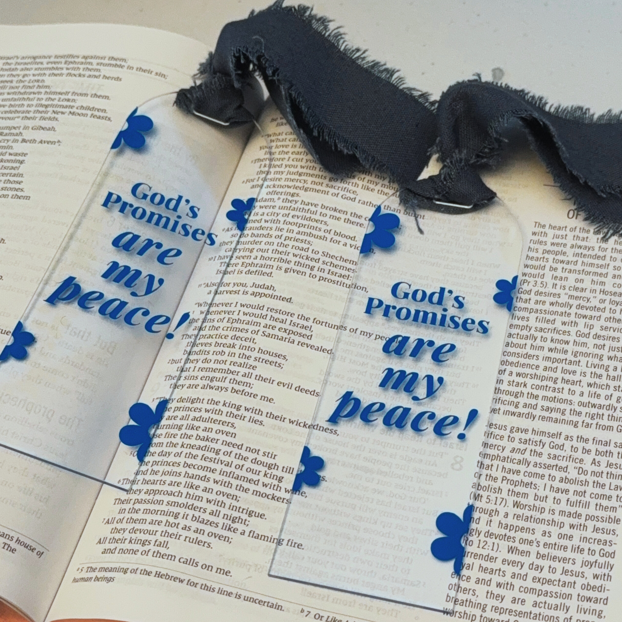 Acrylic Faith Bookmark: "God's Promises Are My Peace" with Denim Ribbon