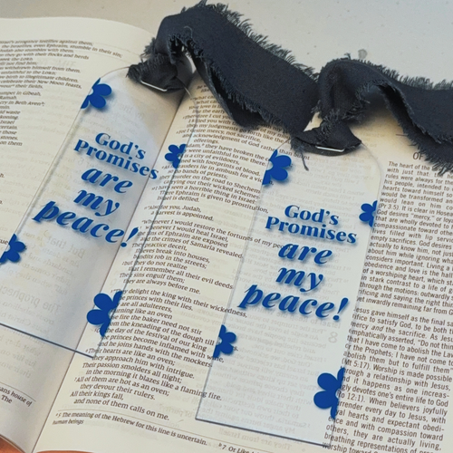 Acrylic Faith Bookmark: "God's Promises Are My Peace" with Denim Ribbon