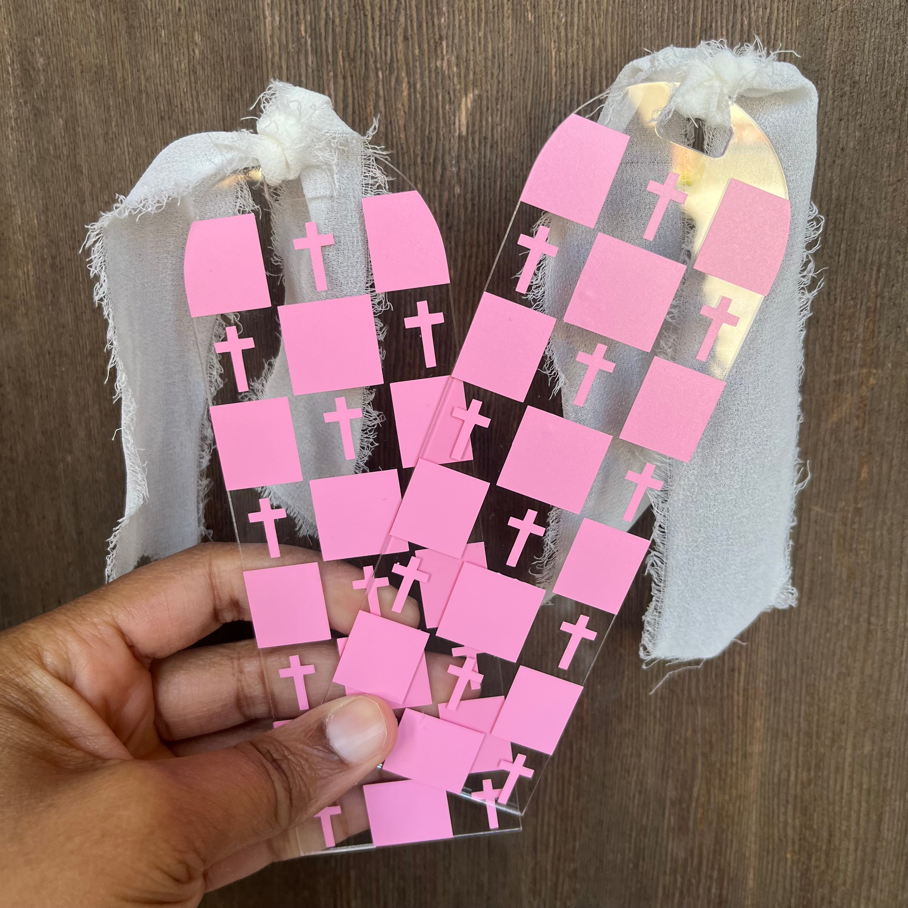 Pink Checkered Cross Acrylic Bookmarks